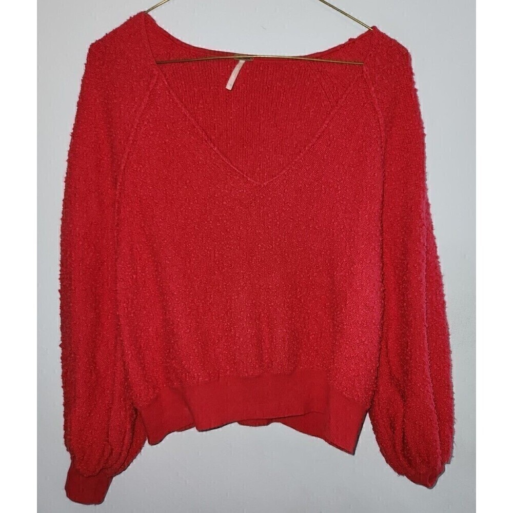 Free People Sz S Found My Friend Textured Sweater Red Balloon Sleeve - Picture 2 of 5